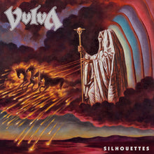 Charger l'image dans la galerie, Album cover for 'Silhouettes' by Vulva featuring a figure with a staff and horses in flames against a rainbow sky.