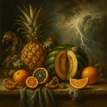 Cargar imagen en el visor de la galería, Still life painting of fruits with a dramatic sky and lightning bolt.