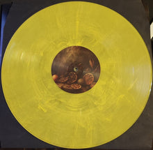 Cargar imagen en el visor de la galería, Yellow vinyl record with a brown label featuring fruit illustrations on a dark surface.