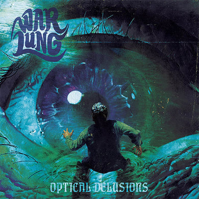 Album cover art for Warlung's Optical Delusions featuring a person running with their hands up, eyes wide open, with a vivid, psychedelic eye background.