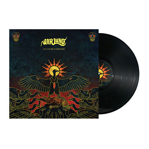 Album cover art for Warlung's Vulture's Paradise featuring a stylized illustration of a bird with outstretched wings, set against a dark background with a sun and skull motifs.