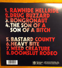 Load image into Gallery viewer, Vinyl record sleeve with track listing on a black background