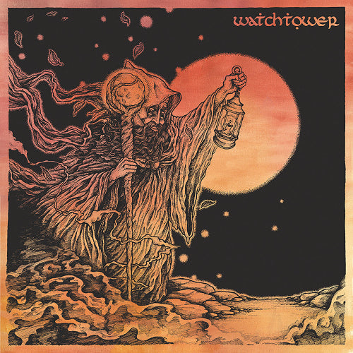 Album cover with a hooded figure holding a lantern against a sunset sky, featuring the text 'watchower'.