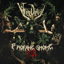 Cargar imagen en el visor de la galería, Album cover art for WeeDevil - Profane Smoke Ritual featuring a green background with a large illustration of a serpentine figure surrounded by women in a ritualistic pose, with the band's logo and the title of the album prominently displayed.