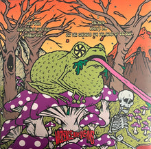 Charger l'image dans la galerie, Illustration of a frog with a purple mushroom and skeleton in a forest setting, featuring text and vibrant colors.