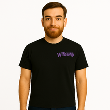 Load image into Gallery viewer, Man wearing a black t-shirt with &#39;Windhand&#39; logo on a white background