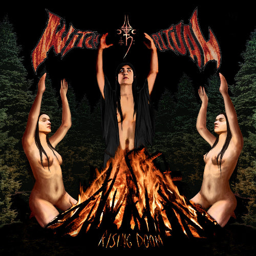 Album cover with three nude figures around a fire and band logos at the top, set against a dark forest background.