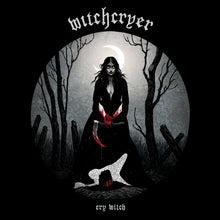 Load image into Gallery viewer, Album cover for Witchcryer's 'Cry Witch' featuring a black and white scene with a figure in a forest, with red accents suggesting blood, against a moonlit sky.