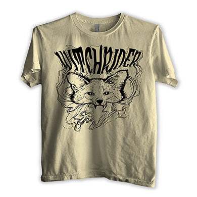 A beige unisex t-shirt with 'WITCHRIDER' text and a graphic of a wolf on the front.