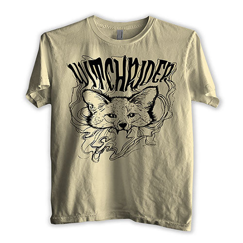 A beige unisex t-shirt with 'WITCHRIDER' text and a graphic of a wolf on the front.