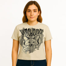 Cargar imagen en el visor de la galería, Person wearing a beige t-shirt with a graphic design of a fox and text on a white background
