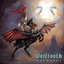 Cargar imagen en el visor de la galería, Album cover for 'Valhalla' by Wolftooth featuring a dragon and warrior with a red flag.