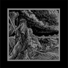 Charger l'image dans la galerie, Black and white illustration of a person with a long beard holding a staff, standing in a desert landscape with tents and mountains in the background.
