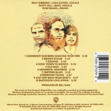 Charger l&#39;image dans la galerie, Back cover of ZZ Top&#39;s first album with band members and tracklist on a yellow background
