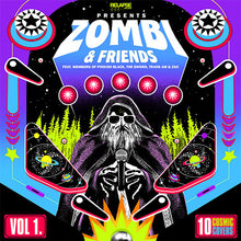 Load image into Gallery viewer, Album cover for 'Zombi &amp; Friends' featuring a skeleton with sunglasses and a microphone, set against a colorful cosmic background.