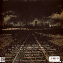 Load image into Gallery viewer, back album cover of Against The Grain - Cheated Death showing empty train tracks with text of the song titles at the bottom all over a dark gray and black background 