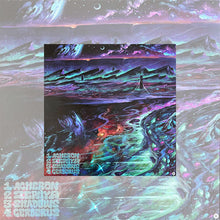 Load image into Gallery viewer, Album cover for 'Acheron' by King Buffalo, featuring a psychedelic landscape of dark jagged mountains under a vibrant purple and blue cosmic sky with a crescent moon. The tracklist—1. Acheron, 2. Zephyr, 3. Shadows, 4. Cerberus—is listed in stylized, bubbly font in the bottom left corner.