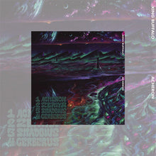 Load image into Gallery viewer, Surreal, psychedelic album artwork featuring a dark, otherworldly landscape with glowing green and purple tones, jagged mountains, and a winding river of light. A small silhouetted figure stands near the center under a cosmic sky with stars and planets. The text “Acheron” and track names appear in stylized lettering, with “King Buffalo” along the edge.