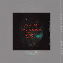 Charger l'image dans la galerie, Album cover for 'Dead Star' by King Buffalo. The center features a dark, cosmic-themed square set within a grey border. Inside the square, red stylized text lists the album's tracks over a starry nebula background with green and blue highlights. The band name 'King Buffalo' and the album title 'Dead Star' are printed vertically on the right side.
