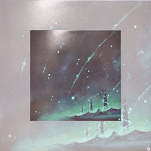 Charger l'image dans la galerie, A dreamy, surreal landscape with a star-filled sky in soft gray and green tones. Bright streaks resembling meteors or shooting stars cut diagonally across the sky, while a glowing green haze hovers above a distant, rocky horizon. In the foreground, small, thin structures or figures stand silhouetted on uneven terrain, adding a mysterious, otherworldly feel. A smaller, centered square version of the same image overlays the background, creating a layered visual effect.