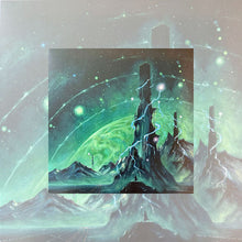 Charger l'image dans la galerie, A surreal alien landscape with a towering, jagged monolith crackling with blue lightning, set against a glowing green planet and star-filled sky, with a small human figure standing at its base.