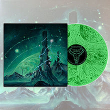 Charger l'image dans la galerie, A stylized vinyl record and album cover displayed against a cosmic, sci-fi landscape. The square album art shows a tall, jagged rock formation struck by lightning under a green, star-filled sky, with distant mountains in the background. Partially behind it, a bright green vinyl record with intricate, organic patterns and a dark center label is visible.