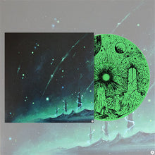 Charger l'image dans la galerie, A surreal sci-fi landscape featuring a glowing green sky with stars and lightning over distant mountains, alongside a large green circular record-like design resembling an illustrated alien world; a square inset shows a darker starry scene with glowing streaks and small structures on the horizon.