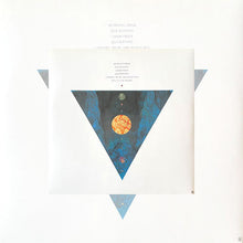 Load image into Gallery viewer, Minimalist album artwork featuring a large inverted blue triangle centered on a white background, with smaller layered triangles behind it. Inside the main triangle are textured blue patterns and a vertical arrangement of circular shapes resembling planets or moons, including a prominent orange-red sphere near the center. Faint, small text appears above and within the design.
