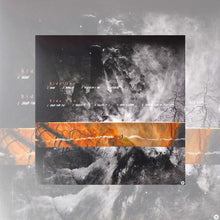 Load image into Gallery viewer, Abstract album-art style image featuring layered textures of smoky gray clouds and dark, rocky forms, intersected by horizontal bands of fiery orange resembling flames or lava, with faint, stylized text scattered across the composition.