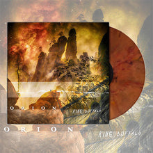 Load image into Gallery viewer, Album artwork for “Orion” by King Buffalo, featuring a surreal desert landscape with towering rock formations under a glowing, cosmic sky in shades of orange and gold. A vinyl record with a marbled orange pattern partially emerges from the right side of the cover. The band name “King Buffalo” and album title “Orion” appear in minimalist white text across the image.