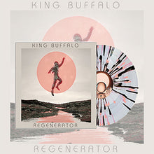 Load image into Gallery viewer, Album artwork for King Buffalo – Regenerator featuring a minimalist landscape with a river cutting through dark terrain under a large pink sun. In the foreground, a silhouetted figure appears to be floating or jumping mid-air. The design includes a vinyl record partially visible with abstract black and pink splatter patterns, all set against a soft, muted background.