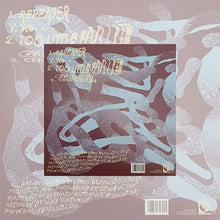 Charger l'image dans la galerie, Abstract album artwork featuring layered, organic, tentacle-like shapes in muted tones of gray, blue, and beige. A smaller square image of the same design is centered over a faded, enlarged version in the background. Stylized handwritten text lists track titles including “Repeater” and “Too Soon,” along with production credits and a barcode at the bottom.