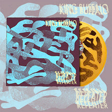 Charger l'image dans la galerie, Abstract album artwork featuring layered, wavy blue shapes over a muted purple background, with a square inset showing a darker version of the same pattern. The words “King Buffalo” and “Repeater” appear multiple times in a distressed, hand-drawn style, and a partial yellow circular shape resembling a vinyl record is visible on the right.