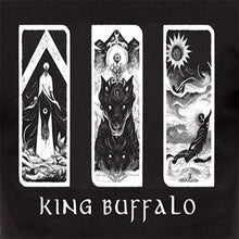 Load image into Gallery viewer, Black-and-white artwork featuring three vertical tarot-style cards with mystical imagery, including a robed figure, a wolf-like creature, and a sunlit figure in motion, with the text “KING BUFFALO” below.