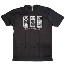 Load image into Gallery viewer, Black T-shirt laid flat on a white background featuring three tarot-style illustrated panels on the chest with the text “KING BUFFALO” underneath.