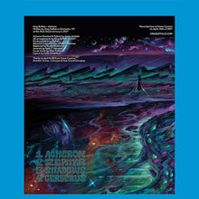 Load image into Gallery viewer, Blu-ray back cover artwork featuring a surreal, cosmic landscape in vivid purples, blues, and greens. A winding, glowing river flows through an alien terrain under a star-filled sky with nebula-like clouds and a crescent moon. Jagged mountains rise in the distance, and a lone, dark tower-like structure stands near the horizon. Text in the upper corners lists recording and production credits, while the lower left shows a four-track list: “Acheron,” “Zephyr,” “Shadows,” and “Cerberus.”
