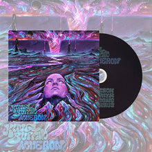 Load image into Gallery viewer, Psychedelic album artwork for King Buffalo’s "Acheron," featuring a purple-hued face emerging from a swirling, colorful landscape that resembles flowing water or rocky terrain. Above, a cosmic sky glows with bright pink and white light against dark silhouettes. A black CD with gray text sits to the right of the cover.