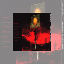Load image into Gallery viewer, Album artwork featuring a surreal red-and-black landscape with a leafless tree whose top transforms into a glowing, book-like structure. A dark sky with a bright circular light hovers above, while smoke or clouds drift across the scene. Track titles appear in red text on the left, and the album title and band name are displayed vertically along the right edge.