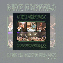 Cargar imagen en el visor de la galería, Album cover for King Buffalo's 'Live at Freak Valley Vol. 2,' featuring a grid of four photos: three individual shots of band members performing on stage and one wide-angle view of a large concert crowd with raised hands. The band name and album title are displayed in a stylized green font against a dark, textured background.