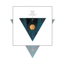Load image into Gallery viewer, Album cover for King Buffalo's 'Longing to Be the Mountain.' A large, inverted triangle containing a blue-and-black marble texture and a glowing orange celestial body is centered on a white square. Above the triangle, the album's tracklist is printed in a minimalist sans-serif font. The central square is layered over a larger, semi-transparent grey triangular design.