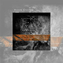 Load image into Gallery viewer, The back cover of the album 'Orion' by King Buffalo. It features a dark, atmospheric artwork with a 'Track Listing' header above nine numbered songs. The visual design has a textured, smoky black-and-white aesthetic with a horizontal orange-toned photographic strip across the middle showing a skeletal forest landscape.