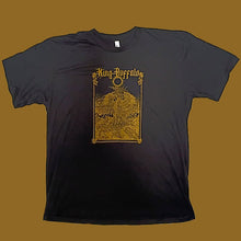 Load image into Gallery viewer, Black T-shirt featuring a gold graphic design with the text “King Buffalo” above an intricate illustration of a phoenix-like bird inside a decorative rectangular frame, set against a solid background.