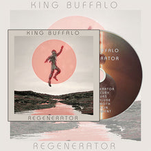 Load image into Gallery viewer, Album artwork for “Regenerator” by King Buffalo featuring a surreal landscape with a reflective river, a large red sun in the sky, and a person in a spacesuit jumping mid-air; the album cover is layered over a CD on the right with a muted, dusty color palette.