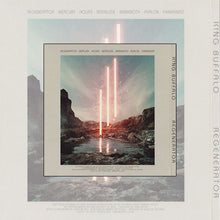 Load image into Gallery viewer, Album cover for Regenerator by King Buffalo, featuring four vertical beams of glowing pink light rising from a rocky, mountainous landscape with a small body of water.