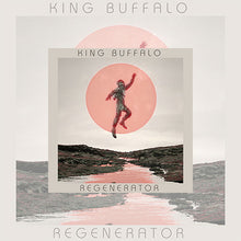 Cargar imagen en el visor de la galería, Album cover for 'Regenerator' by King Buffalo. The artwork features a central square image of an astronaut in mid-air, seemingly floating or jumping against a large, hazy pinkish-orange sun. Below the astronaut is a rocky, volcanic-looking landscape with a pink river flowing through the center. The band name 'KING BUFFALO' and album title 'REGENERATOR' are printed in a clean, sans-serif font at the top and bottom of both the inner square and the outer border.