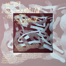 Load image into Gallery viewer, Abstract album artwork featuring layered, organic, ribbon-like shapes in pale blue and white over a deep red background. Yellow distorted text lists track titles (including “Repeater” and “Too Slow”) and credits. A smaller square version of the same artwork appears centered within a faded, enlarged background of itself, creating a recursive visual effect.
