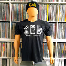 Charger l'image dans la galerie, A black short-sleeve graphic t-shirt displayed on a mannequin torso, with a black beanie featuring yellow 'Truck Fighters' text. The shirt has a graphic of three tarot card-style illustrations above the words 'KING BUFFALO'.