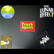 Cargar imagen en el visor de la galería, Collection of stickers with 'The Lunar Effect', 'Truckfighters', and 'King Buffalo' logos on a black background.